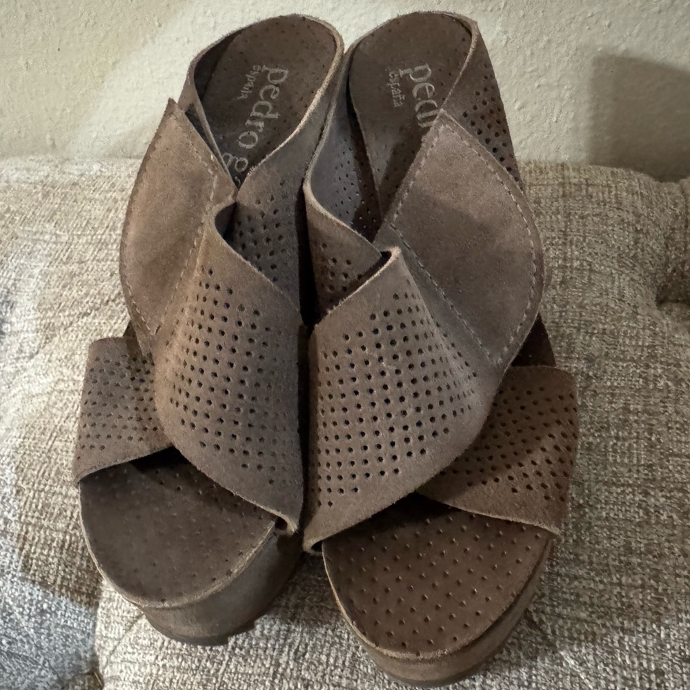Pedro Garcia Brown Perforated Suede Platform Wedge Sandals - Picture 7 of 8